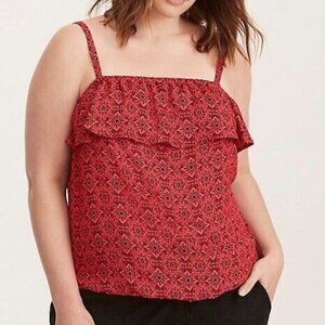 Torrid Plus Size Retro Boho Red Tile Print Georgette Ruffle Cami Tank Top 2X